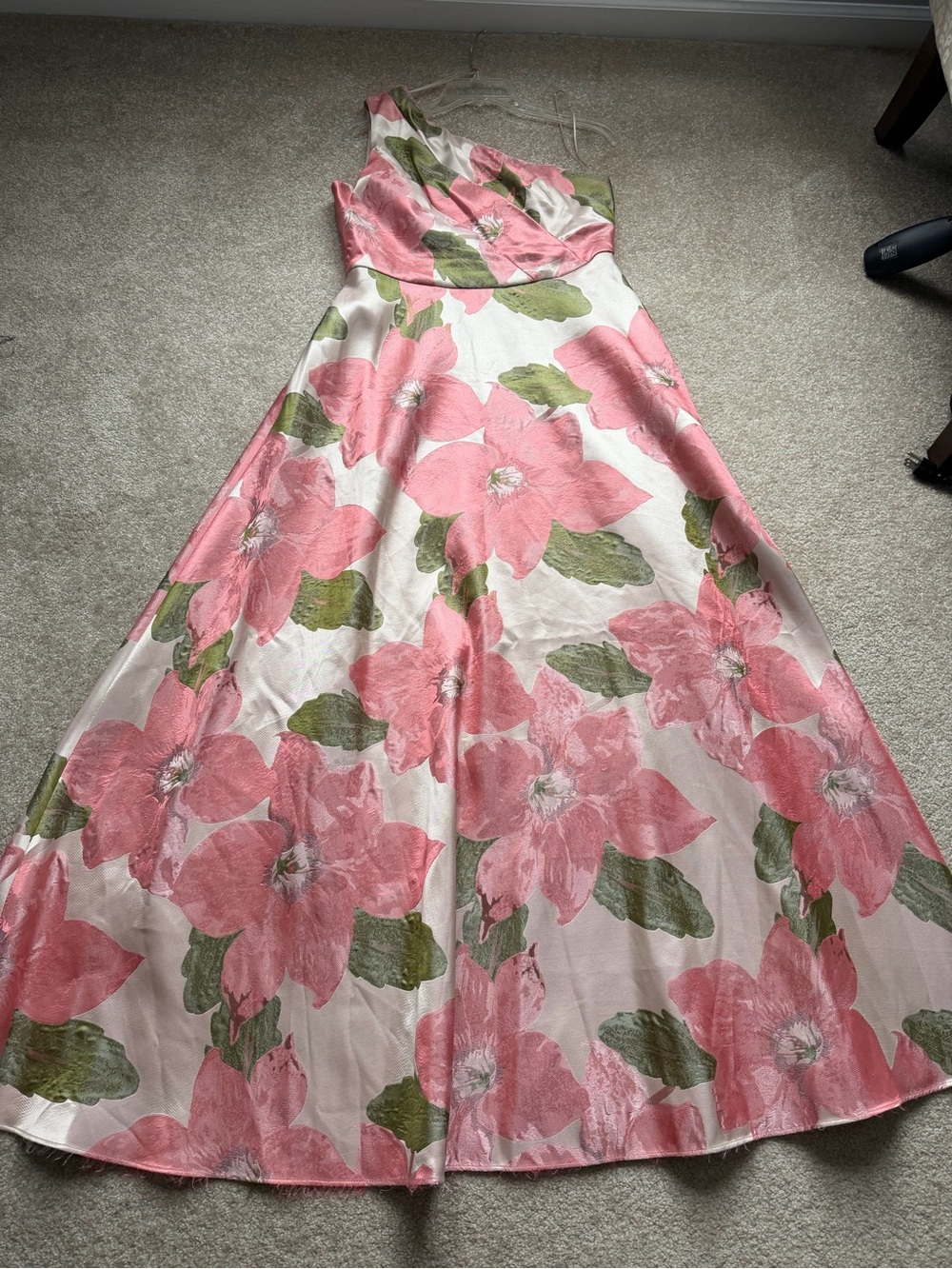 Alex Evenings One-Shoulder Pink/Peach Floral Dress with Green Leaves - Picture 12 of 16